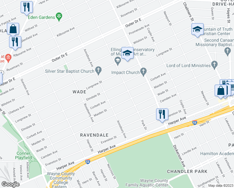 map of restaurants, bars, coffee shops, grocery stores, and more near 12567 Corbett Street in Detroit