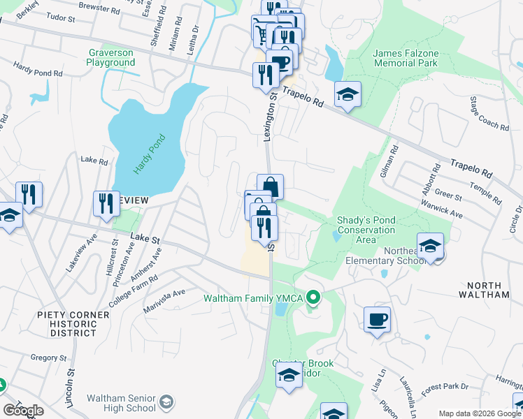 map of restaurants, bars, coffee shops, grocery stores, and more near 874 Lexington Street in Waltham