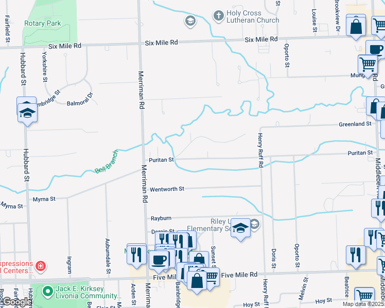 map of restaurants, bars, coffee shops, grocery stores, and more near 30872 Puritan Street in Livonia