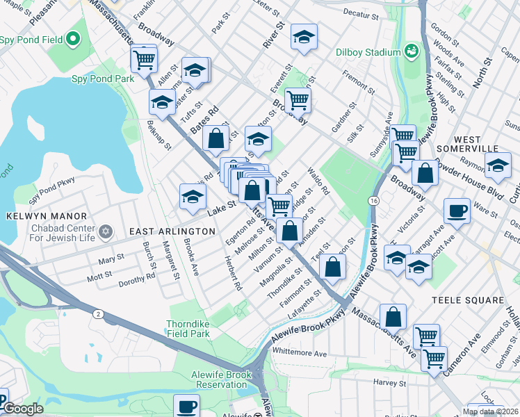 map of restaurants, bars, coffee shops, grocery stores, and more near 167A Massachusetts Avenue in Arlington