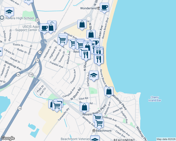 map of restaurants, bars, coffee shops, grocery stores, and more near 75 Garfield Avenue in Revere