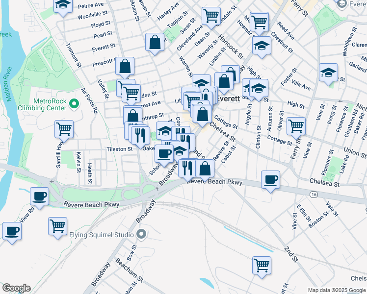 map of restaurants, bars, coffee shops, grocery stores, and more near 91 School Street in Everett