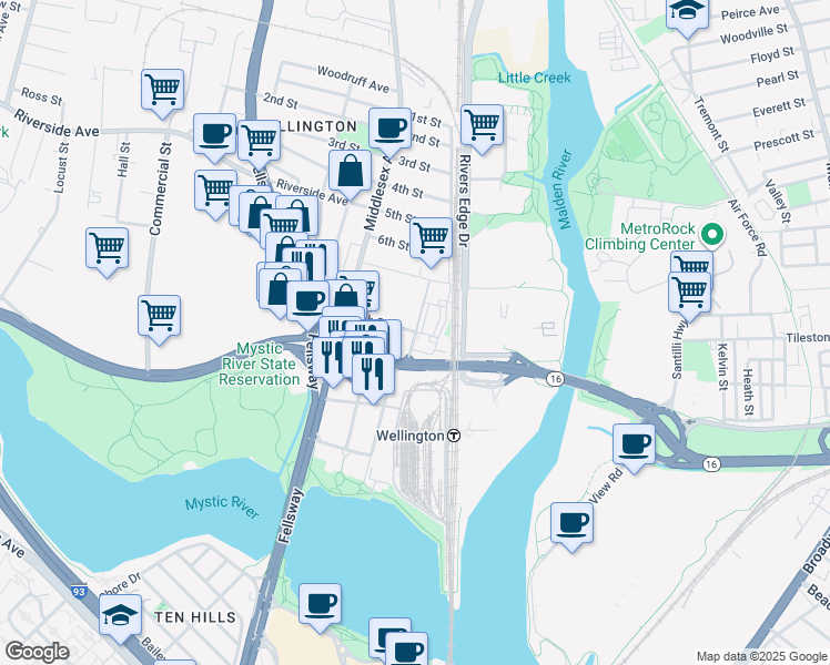 map of restaurants, bars, coffee shops, grocery stores, and more near 30 Revere Beach Parkway in Medford