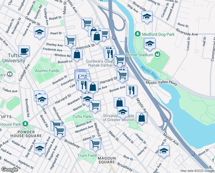 map of restaurants, bars, coffee shops, grocery stores, and more near 81 Alexander Avenue in Medford