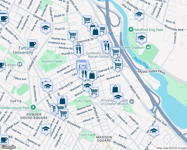 map of restaurants, bars, coffee shops, grocery stores, and more near 36 Alexander Avenue in Medford
