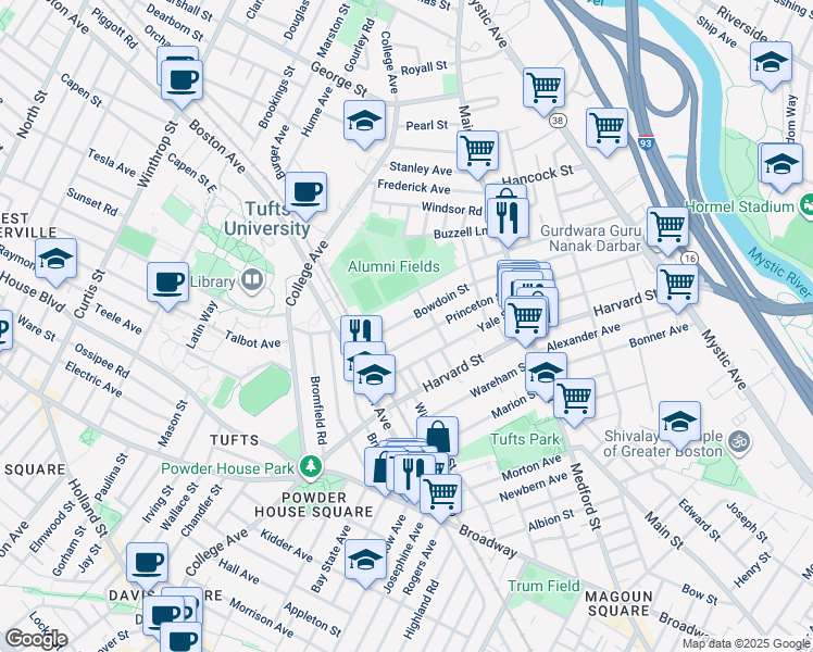 map of restaurants, bars, coffee shops, grocery stores, and more near 136 Bowdoin Street in Medford