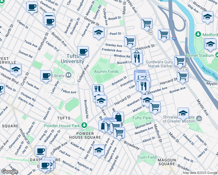 map of restaurants, bars, coffee shops, grocery stores, and more near 136 Bowdoin Street in Medford