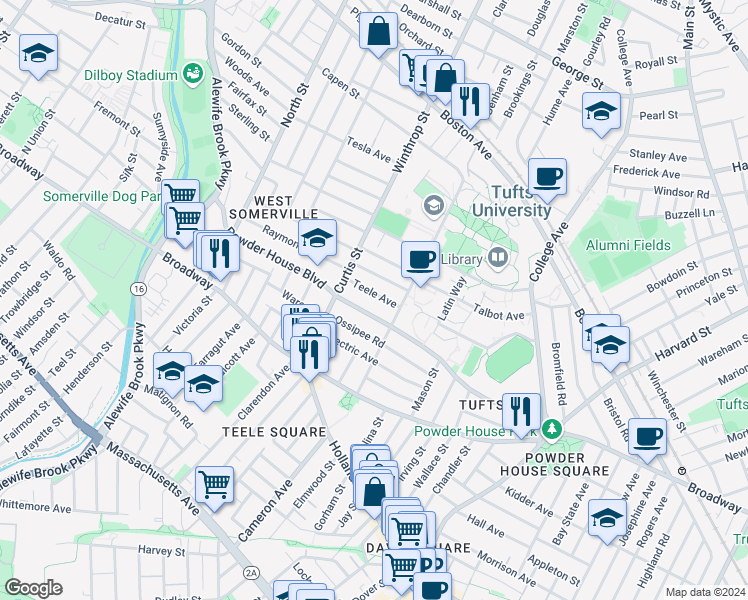 map of restaurants, bars, coffee shops, grocery stores, and more near in Somerville