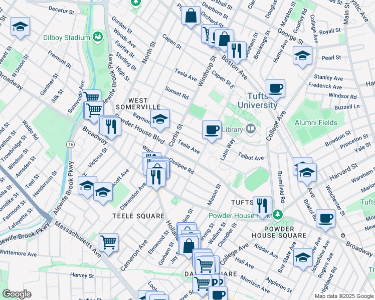 map of restaurants, bars, coffee shops, grocery stores, and more near in Somerville