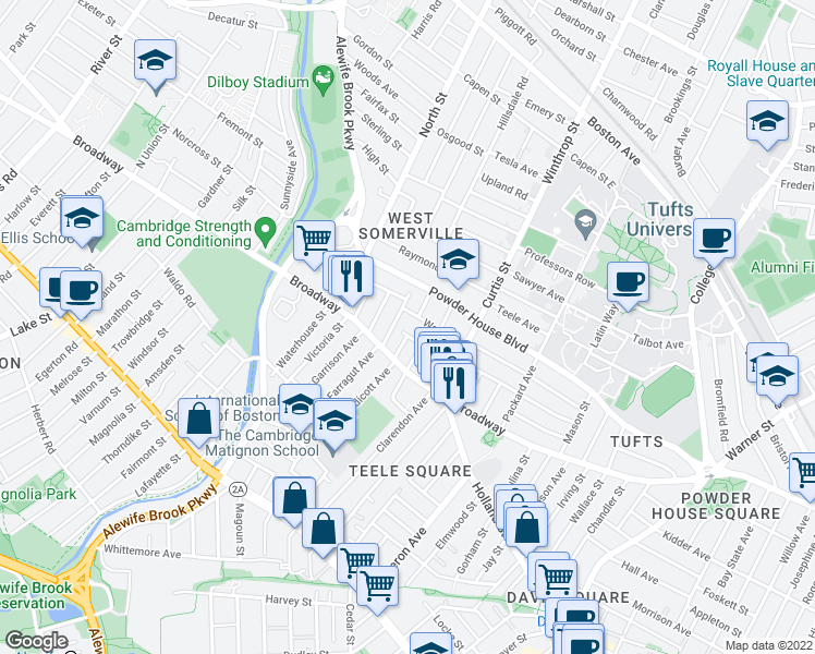 map of restaurants, bars, coffee shops, grocery stores, and more near 42 Fairmount Avenue in Somerville