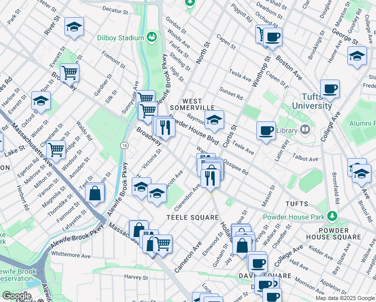 map of restaurants, bars, coffee shops, grocery stores, and more near 42 Fairmount Avenue in Somerville