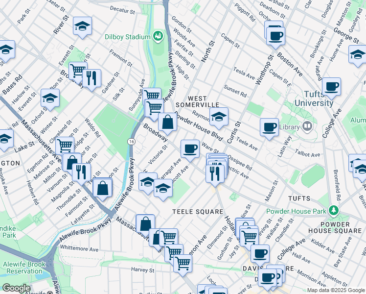 map of restaurants, bars, coffee shops, grocery stores, and more near 1249 Broadway in Somerville