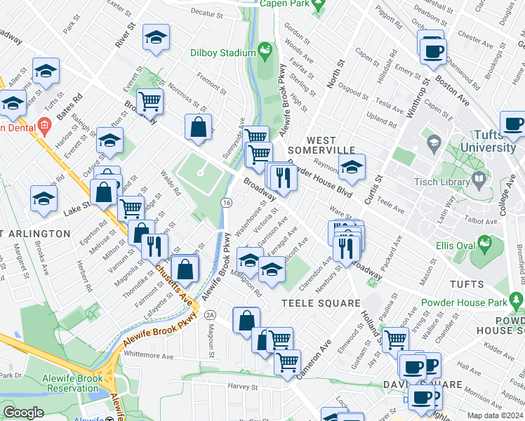 map of restaurants, bars, coffee shops, grocery stores, and more near 18 Victoria Street in Somerville