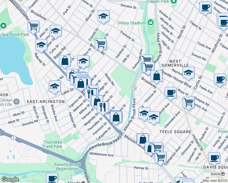 map of restaurants, bars, coffee shops, grocery stores, and more near 56-58 Amsden Street in Arlington