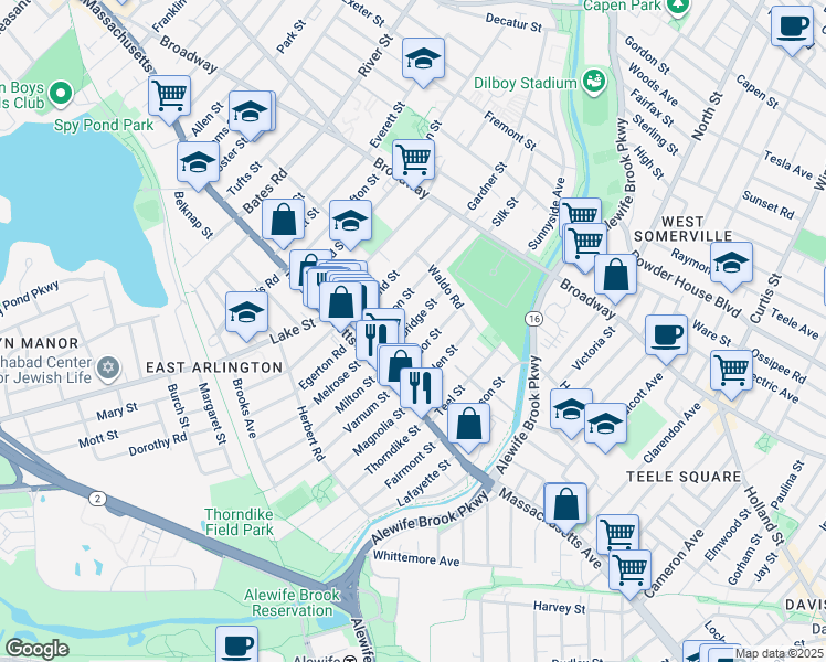 map of restaurants, bars, coffee shops, grocery stores, and more near 34 Windsor Street in Arlington