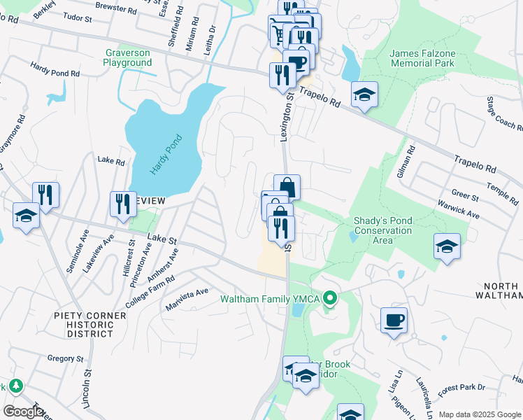 map of restaurants, bars, coffee shops, grocery stores, and more near 862 Lexington Street in Waltham