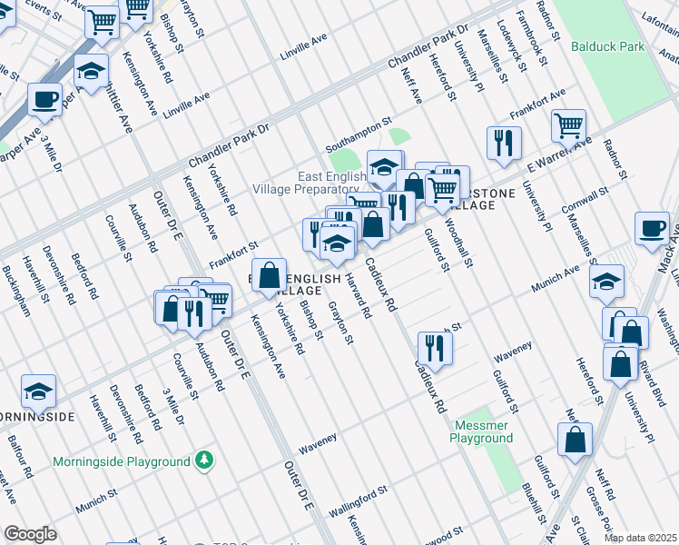 map of restaurants, bars, coffee shops, grocery stores, and more near 4875 Harvard Road in Detroit