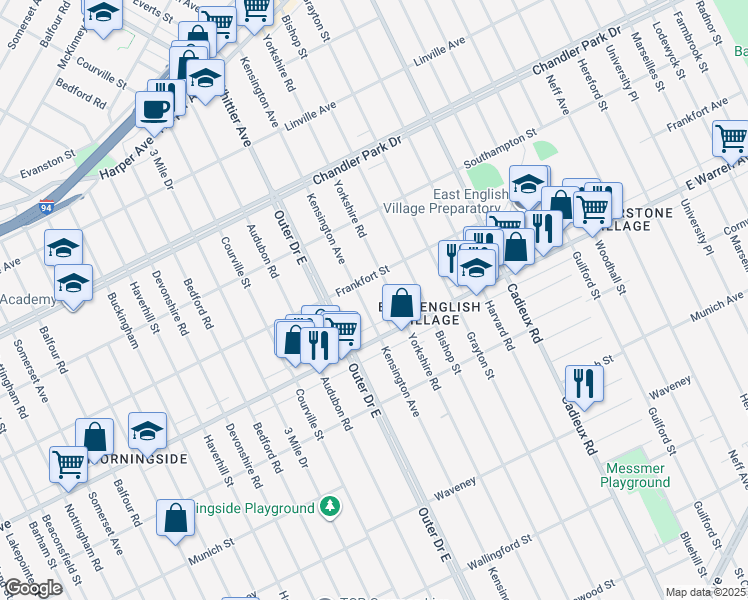 map of restaurants, bars, coffee shops, grocery stores, and more near 5043 Yorkshire Road in Detroit