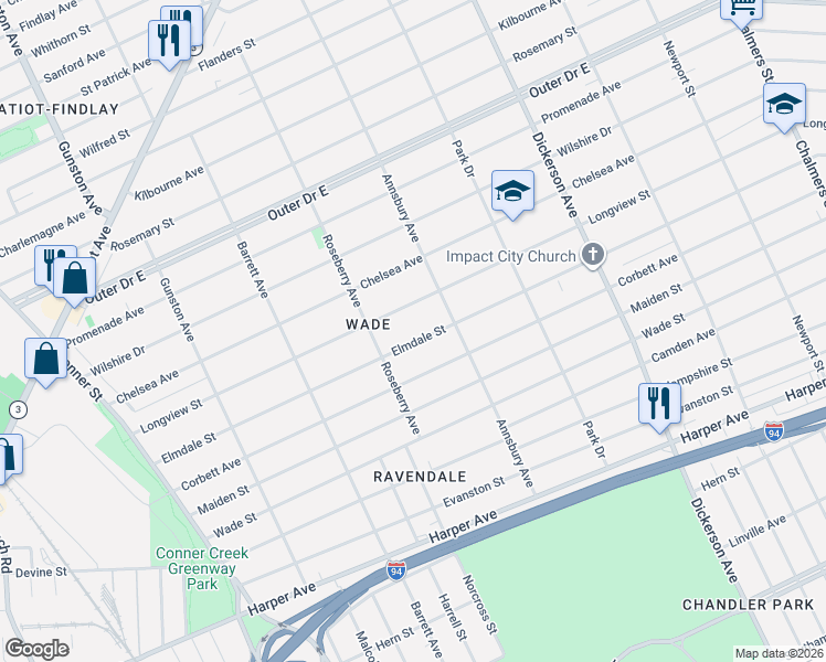 map of restaurants, bars, coffee shops, grocery stores, and more near 12282 Elmdale Street in Detroit