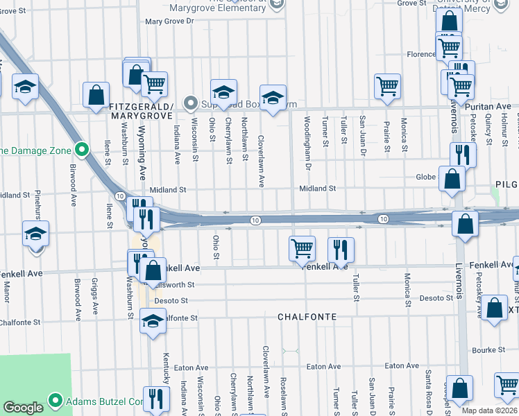 map of restaurants, bars, coffee shops, grocery stores, and more near 15453 Cloverlawn Avenue in Detroit