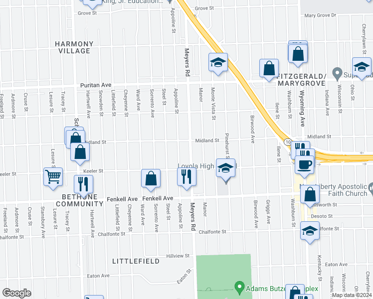 map of restaurants, bars, coffee shops, grocery stores, and more near 15466 Appoline Avenue in Detroit