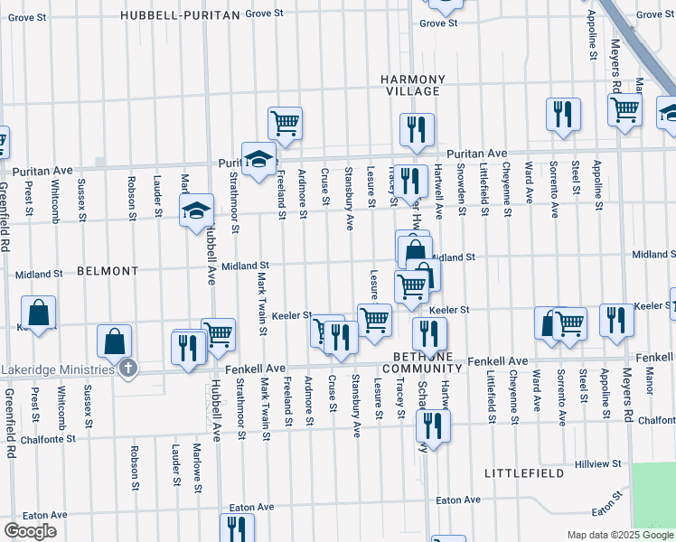 map of restaurants, bars, coffee shops, grocery stores, and more near 15481 Stansbury Avenue in Detroit
