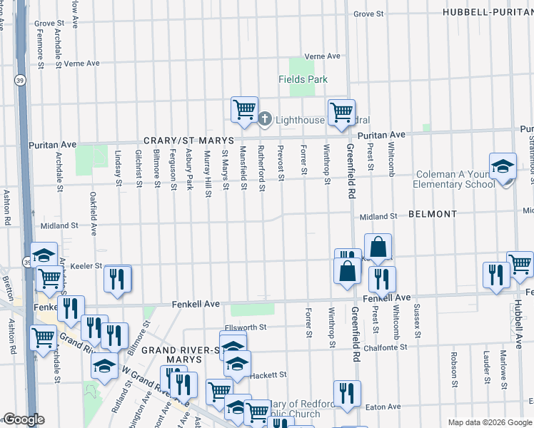 map of restaurants, bars, coffee shops, grocery stores, and more near 15525 Prevost Street in Detroit