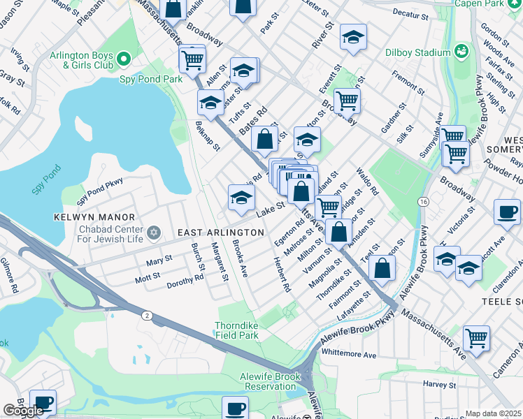 map of restaurants, bars, coffee shops, grocery stores, and more near 1 Newcomb Street in Arlington