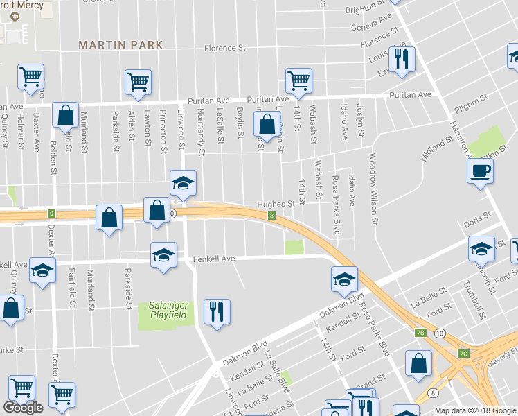 map of restaurants, bars, coffee shops, grocery stores, and more near 15497 Inverness Street in Detroit