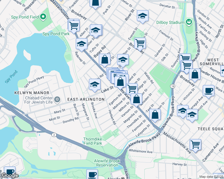 map of restaurants, bars, coffee shops, grocery stores, and more near 12 Lake Street in Arlington