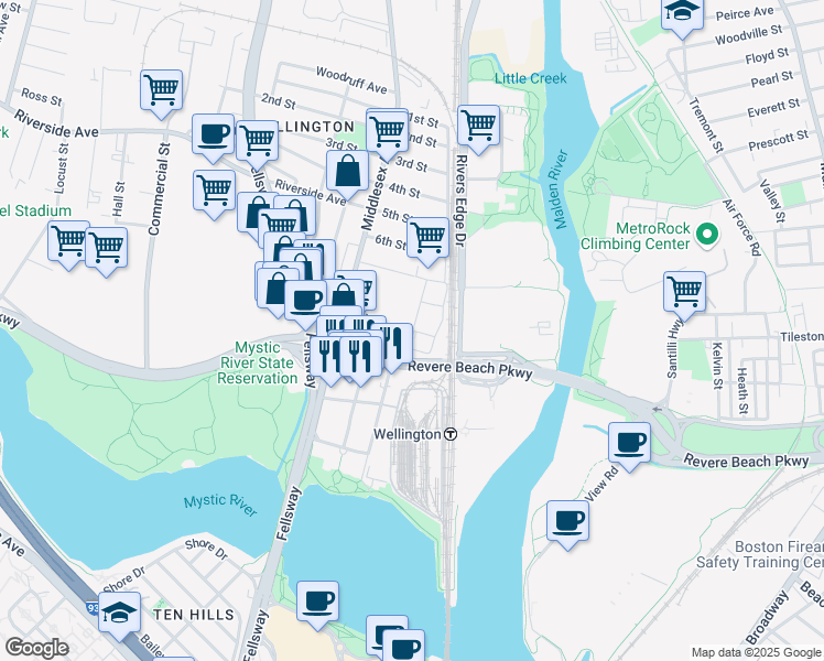 map of restaurants, bars, coffee shops, grocery stores, and more near 34 Brainard Avenue in Medford