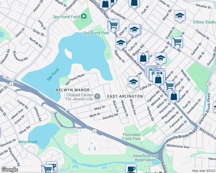 map of restaurants, bars, coffee shops, grocery stores, and more near 36 Alfred Road in Arlington