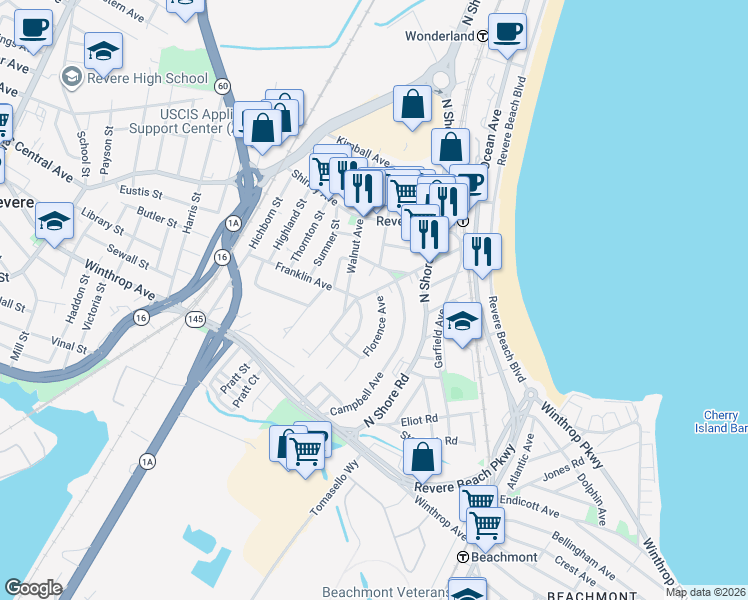 map of restaurants, bars, coffee shops, grocery stores, and more near 5 Florence Avenue in Revere