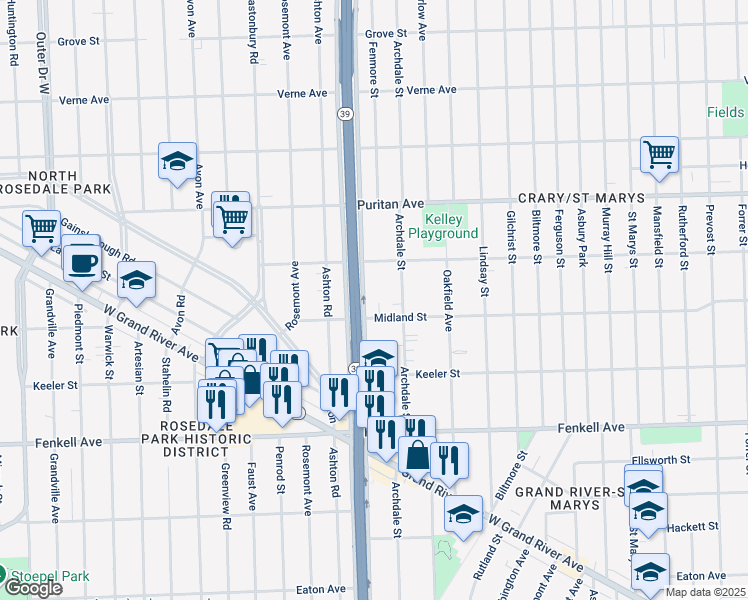 map of restaurants, bars, coffee shops, grocery stores, and more near 15724 Southfield Freeway in Detroit