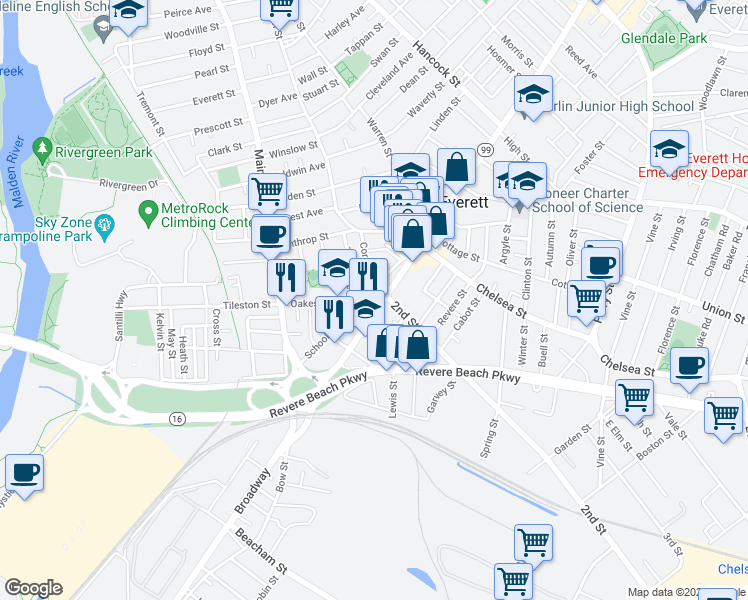 map of restaurants, bars, coffee shops, grocery stores, and more near 8 Corey Street in Everett