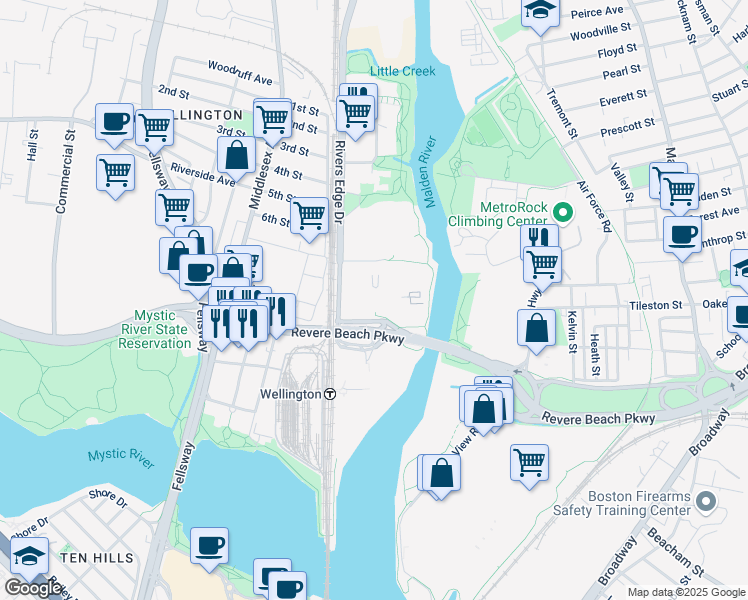map of restaurants, bars, coffee shops, grocery stores, and more near 5 Cabot Road in Medford