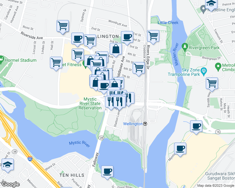 map of restaurants, bars, coffee shops, grocery stores, and more near 573 Fellsway in Medford