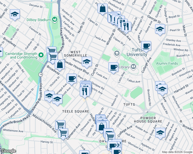 map of restaurants, bars, coffee shops, grocery stores, and more near 156 Powder House Boulevard in Somerville