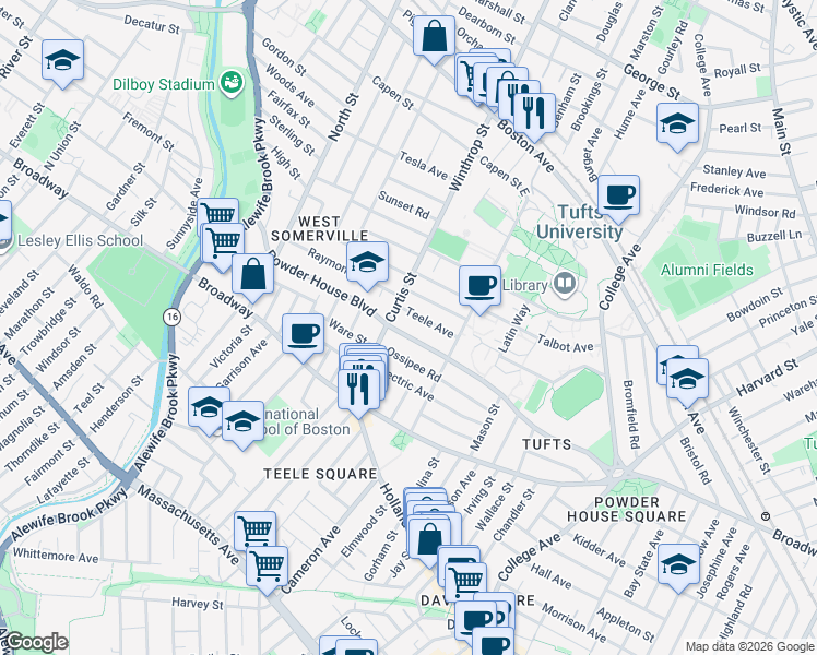 map of restaurants, bars, coffee shops, grocery stores, and more near 156 Powder House Boulevard in Somerville