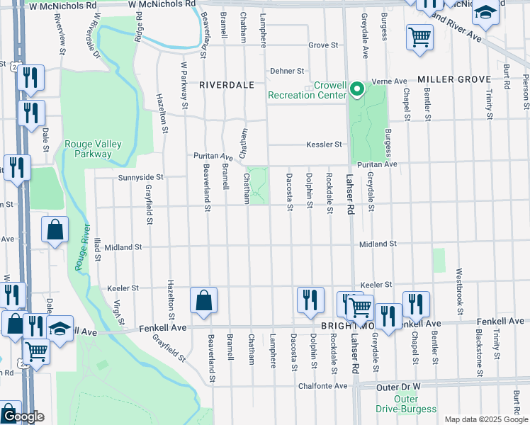 map of restaurants, bars, coffee shops, grocery stores, and more near 15754 Lamphere Street in Detroit