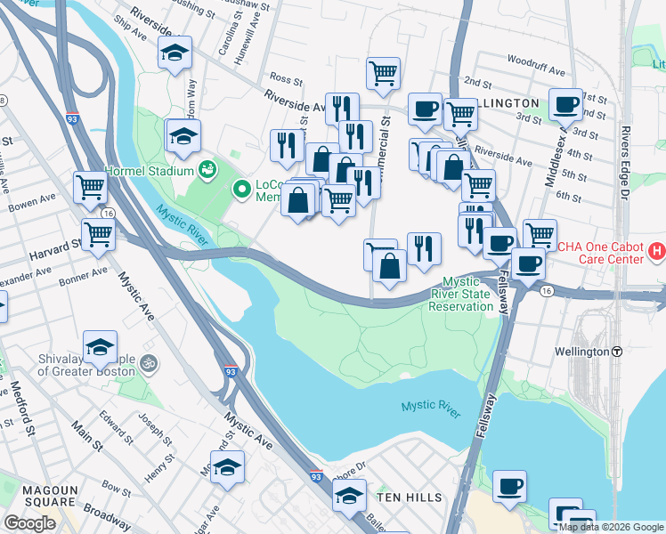 map of restaurants, bars, coffee shops, grocery stores, and more near 3920 Massachusetts 16 in Medford