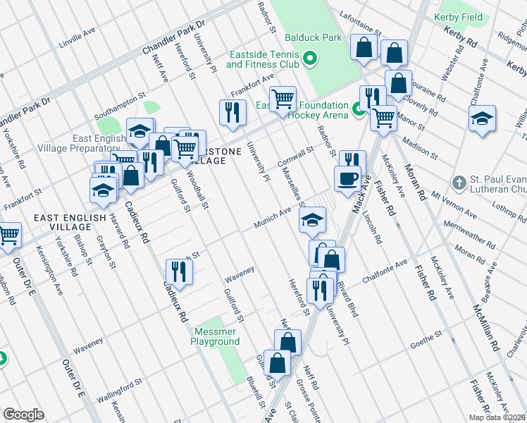 map of restaurants, bars, coffee shops, grocery stores, and more near 4522 Hereford Street in Detroit