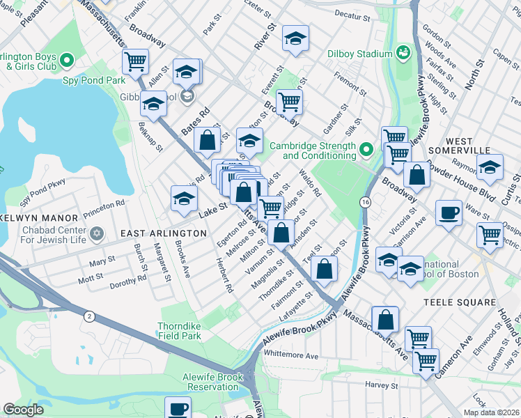 map of restaurants, bars, coffee shops, grocery stores, and more near 155 Massachusetts Avenue in Arlington