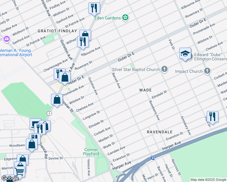 map of restaurants, bars, coffee shops, grocery stores, and more near 11834 Chelsea Avenue in Detroit