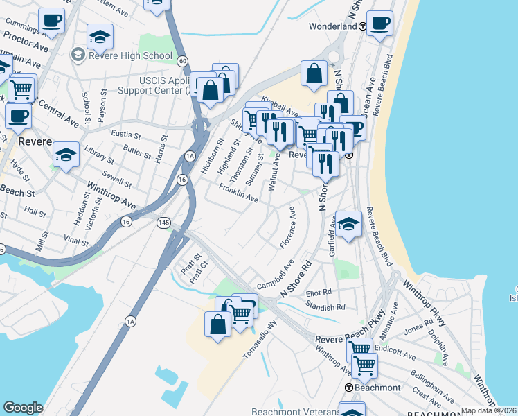 map of restaurants, bars, coffee shops, grocery stores, and more near 185 Walnut Avenue in Revere