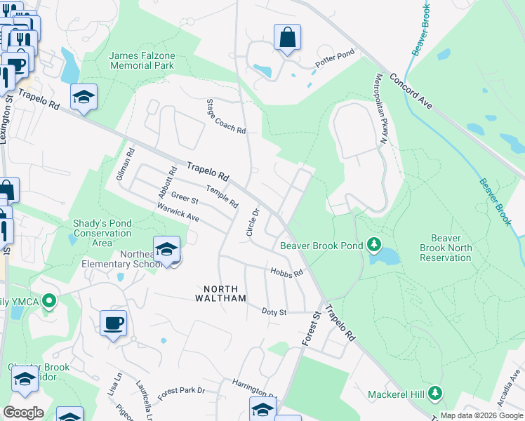 map of restaurants, bars, coffee shops, grocery stores, and more near 15 Coolidge Avenue in Waltham