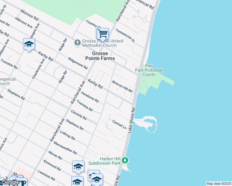 map of restaurants, bars, coffee shops, grocery stores, and more near 37 Kerby Court in Grosse Pointe Farms