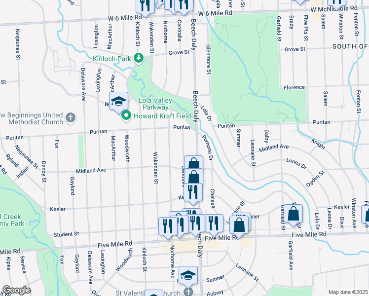 map of restaurants, bars, coffee shops, grocery stores, and more near 15865 Beech Daly in Redford Charter Township