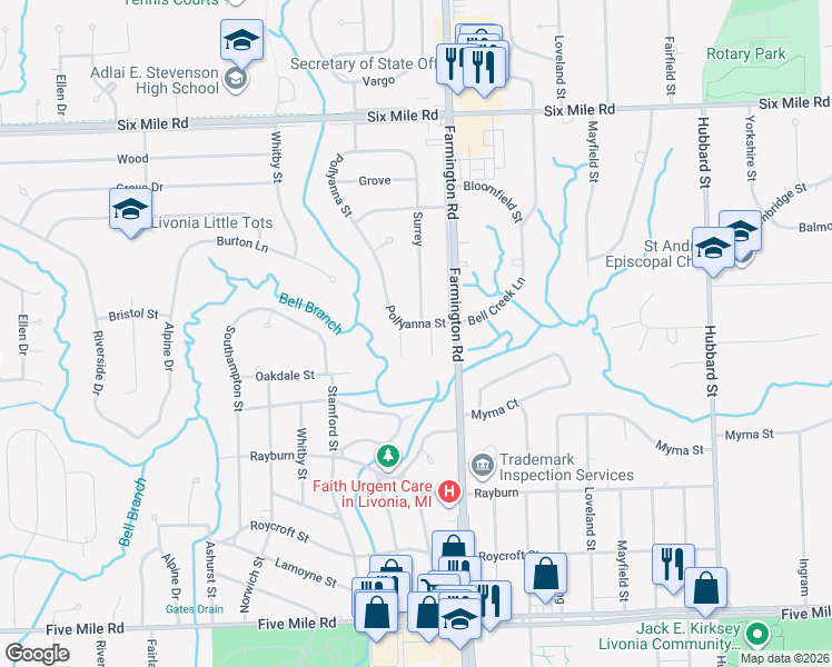 map of restaurants, bars, coffee shops, grocery stores, and more near 16158 Bell Creek Court in Livonia