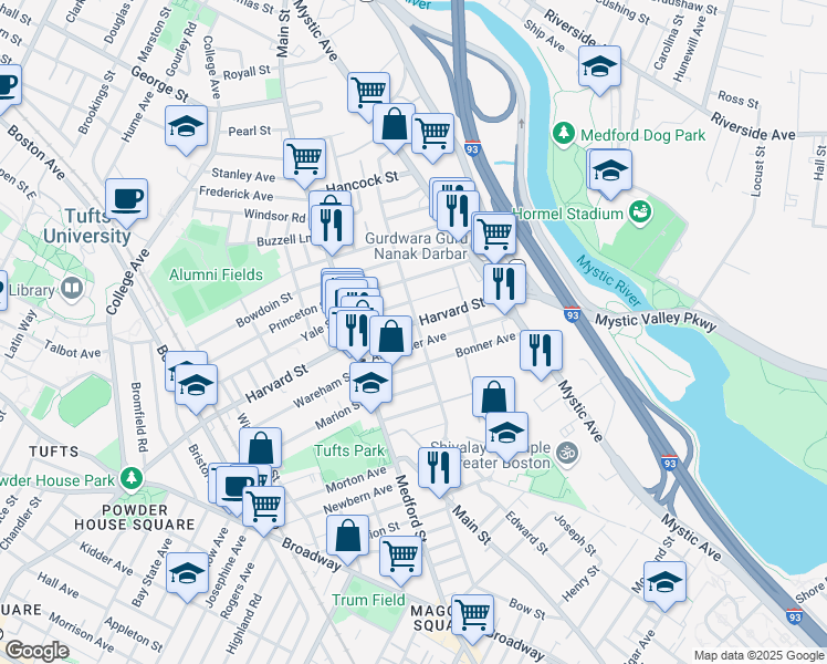 map of restaurants, bars, coffee shops, grocery stores, and more near 135 Willis Avenue in Medford